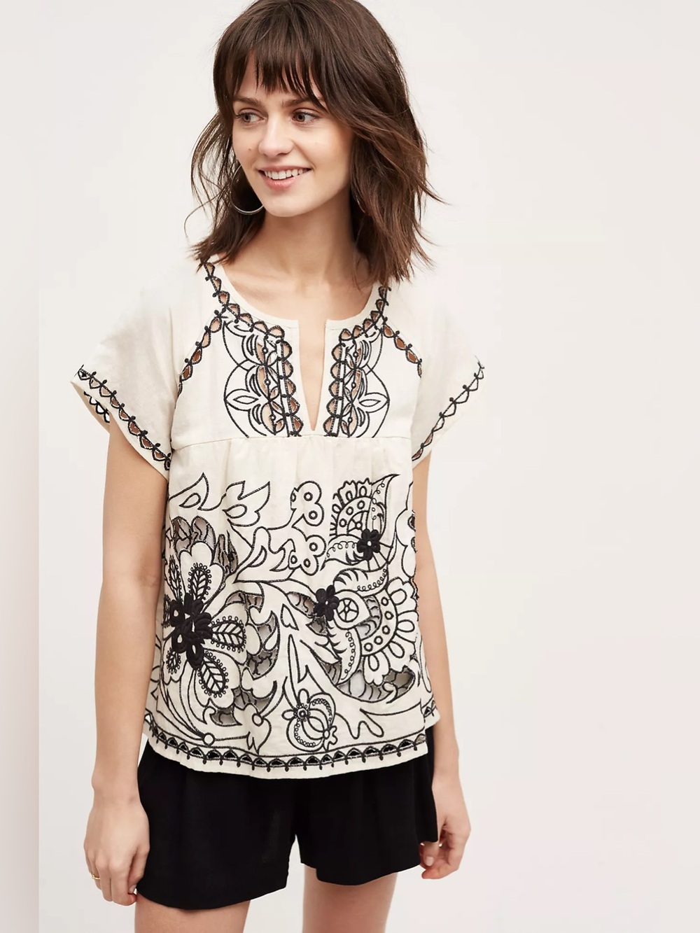 Vanessa Virginia Ivory Black Embroidered Linen Cotton Babydoll Blouse Top Size 4